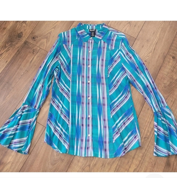Wrangler Retro Teal & Purple Western Bell Sleeve Southern Pearl Snap Shirt, SZ L - Picture 2 of 6